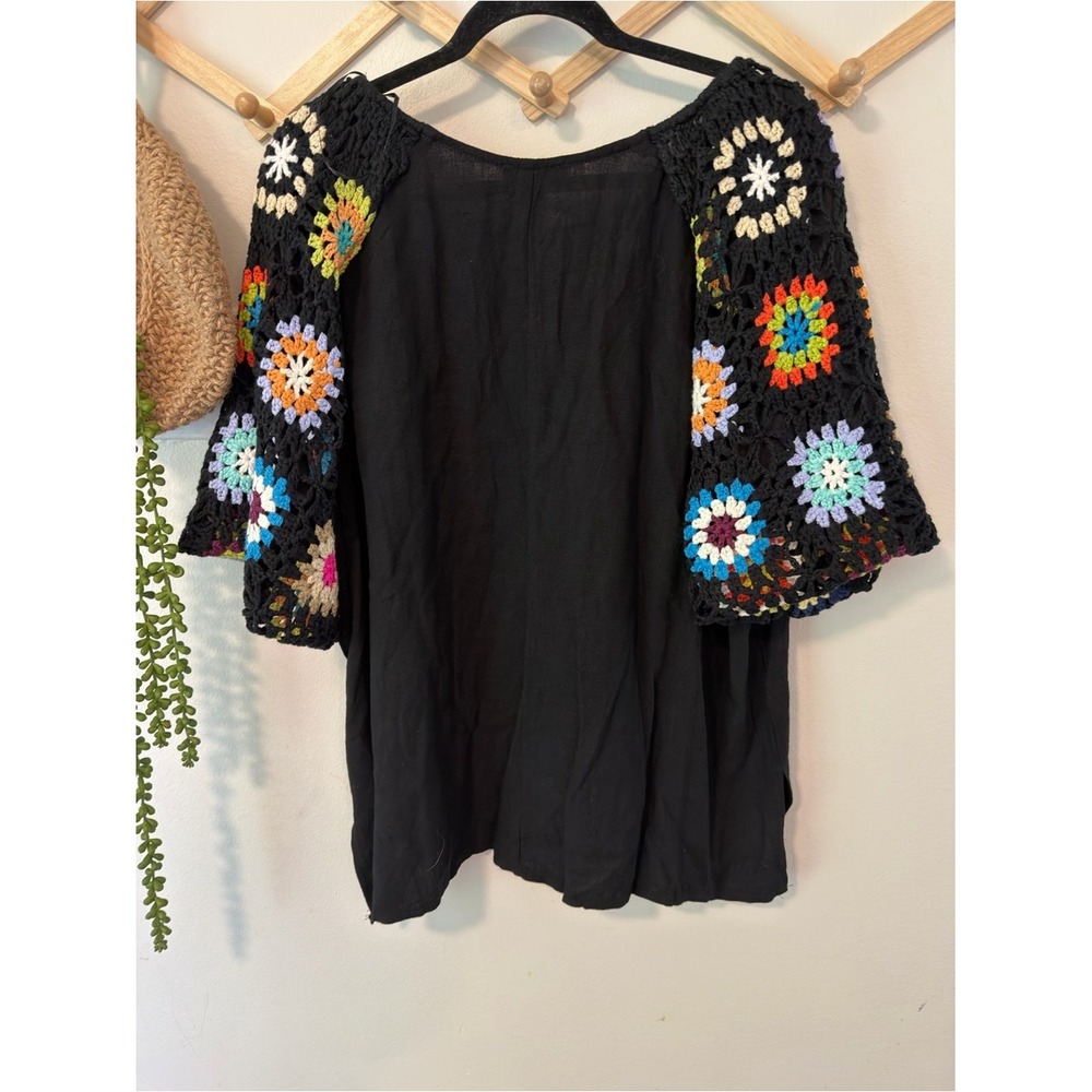 Umgee Granny Square Crochet Sleeve Top 1XL Black Boho Grandmacore - Picture 5 of 7